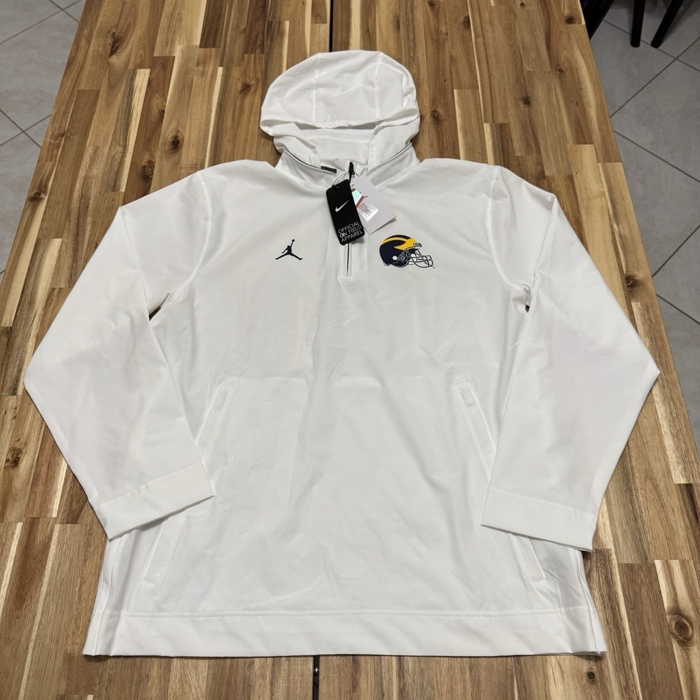 Michigan Wolverines Jacket Mens L White Jordan Brand 1/4 Zip Hooded Team NWT